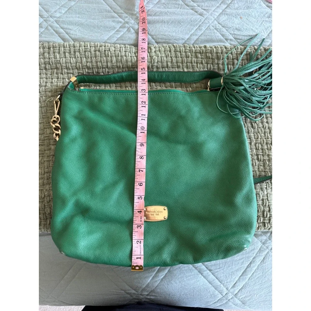 Michael Kors Green Pebbled Leather Hobo Bag Gold Chain Tassel Shoulder Bag